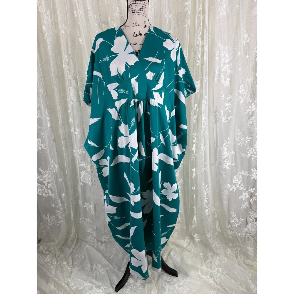 Vintage Hilo Hattie Hawaiian Muumuu Maxi Dress M Teal Floral Butterfly Sleeve